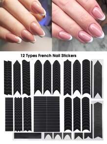 12片法式美甲貼紙黑色月亮v型自粘甲片指南,diy裝飾模板工具指甲貼diy裝飾模板工具 - 黑色 - 查看 1