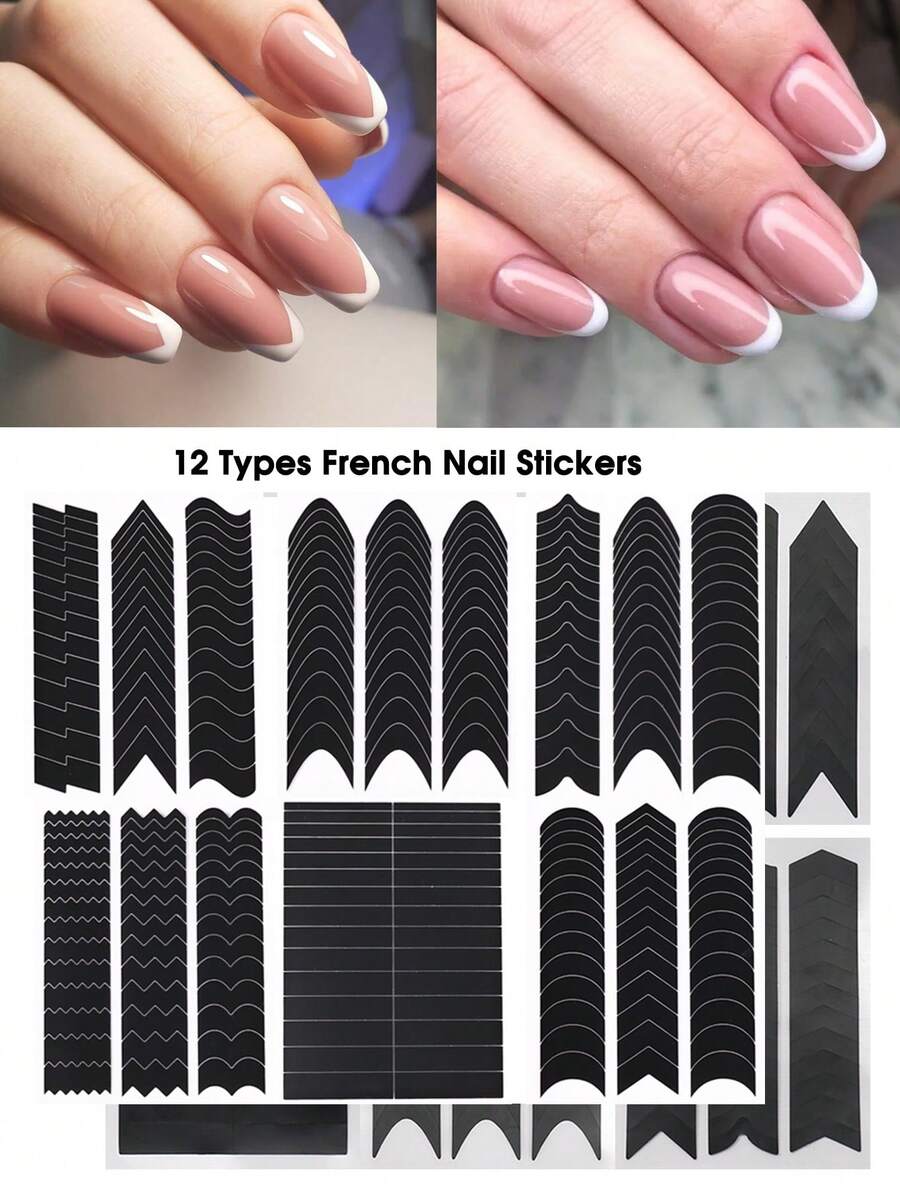 12片法式美甲貼紙黑色月亮v型自粘甲片指南,diy裝飾模板工具指甲貼diy裝飾模板工具 - 黑色 - 查看 1