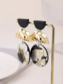 1對時尚3d印刷黑色圓圈三層及雙色銀杏葉柔軟黏土材質耳環,適用於派對、旅行和禮物,隨機設計