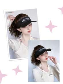 青色一體帽子,馬尾辮假髮,女款棒球帽加長頭髮,合成卷曲假髮帽子,12英寸可調節遮陽帽