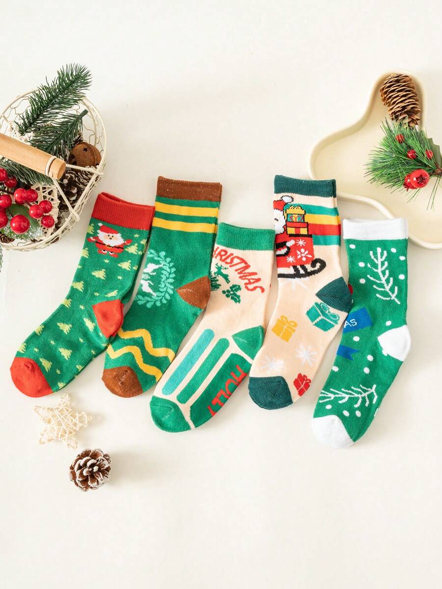 5雙聖誕主題可愛卡通中筒襪 - 彩色 - 查看 1