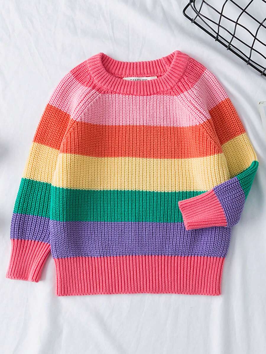 Rainbow Colored Children's Sweater, Girls' Sweater, Fall/winter Kids Knitted Pullover - Pink - View 1