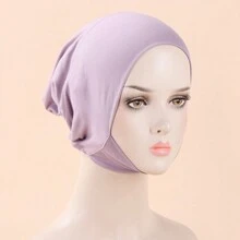 1pc Drawstring Neck Turban Cap Hijab Cap Bonnet Cap Solid Color Turban Cap For Women Girls Her - Beige - View 7