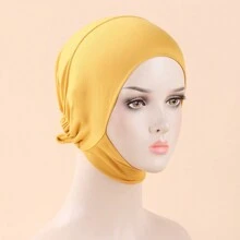 1pc Drawstring Neck Turban Cap Hijab Cap Bonnet Cap Solid Color Turban Cap For Women Girls Her - Beige - View 4