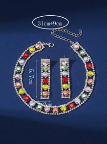 3pcs/set Deluxe Rhinestone Paved Heart Shape Necklace And Earrings With Chain For Women, Gift For Date - Multicolor - View 3