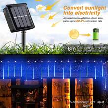 1 Piece Outdoor Meteor Shower Christmas Lights, 30cm 8 Tubes 192 LED Solar Powered Lights In The Shape Of Raindrops, Snow Rope Lights And Ice Stick, Suitable For Christmas Tree, Holiday And Terrace Decoration - Blue - View 4