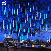 1 Piece Outdoor Meteor Shower Christmas Lights, 30cm 8 Tubes 192 LED Solar Powered Lights In The Shape Of Raindrops, Snow Rope Lights And Ice Stick, Suitable For Christmas Tree, Holiday And Terrace Decoration - Blue - View 1