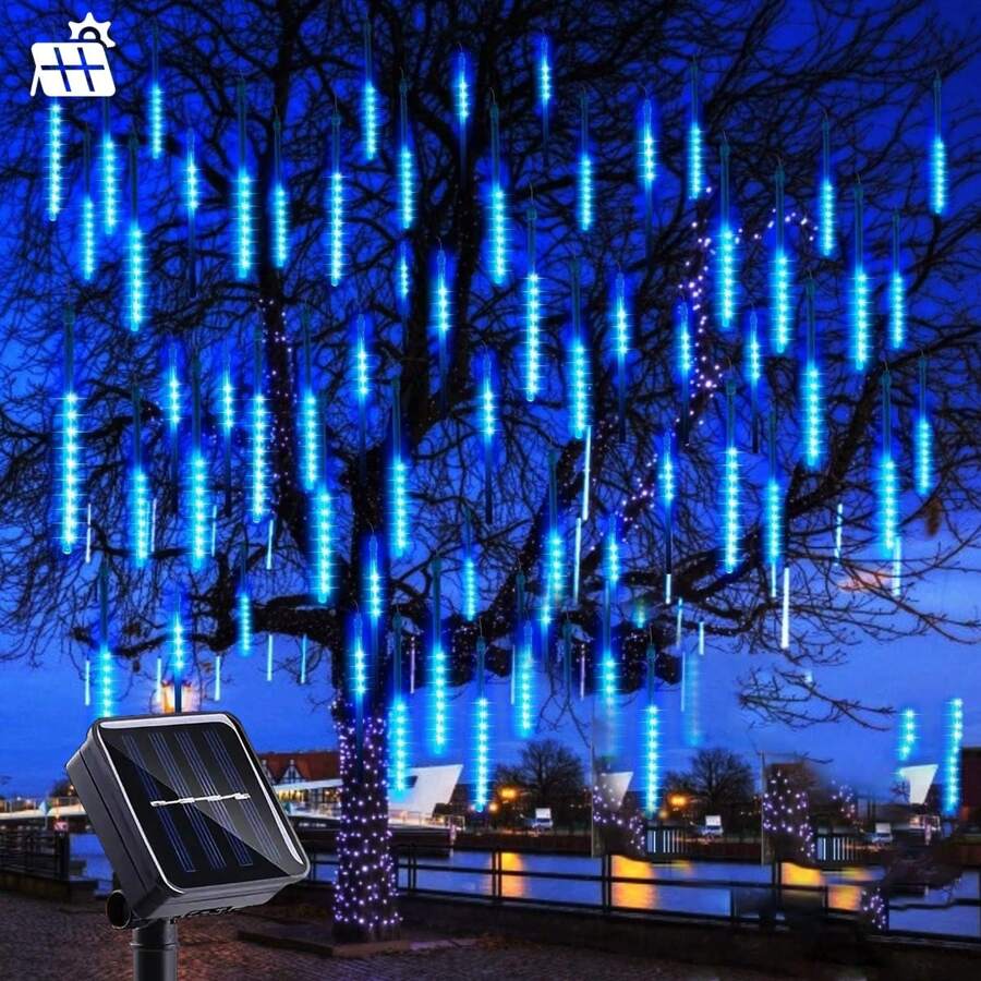1 Piece Outdoor Meteor Shower Christmas Lights, 30cm 8 Tubes 192 LED Solar Powered Lights In The Shape Of Raindrops, Snow Rope Lights And Ice Stick, Suitable For Christmas Tree, Holiday And Terrace Decoration - Blue - View 1