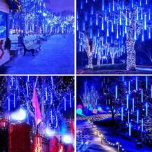 1 Piece Outdoor Meteor Shower Christmas Lights, 30cm 8 Tubes 192 LED Solar Powered Lights In The Shape Of Raindrops, Snow Rope Lights And Ice Stick, Suitable For Christmas Tree, Holiday And Terrace Decoration - Blue - View 3