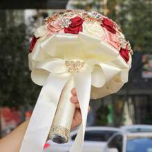 Delicate Rhinestone Wedding Bouquet With Gold Jewelry Decor, Satin Ribbon And Roses Hand Bouquet For Bride - Burgundy - View 5