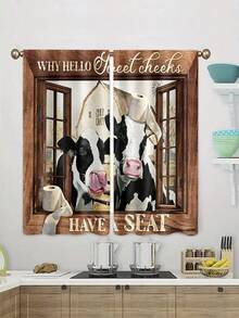 1套2件,農場牛印花防水浴簾家居裝飾,適用於客廳裝飾、臥室遮光、廚房裝飾