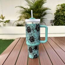 1入組太陽花水杯,水溫杯,真空杯,不鏽鋼水杯,帶吸管的大型水杯,創意便攜式旅行水瓶,適用於戶外野營,40oz/1200ml