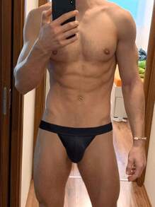 1pc Men's T-back Thong Underwear With Pouch For Push Up And Breathability, Low Rise Sexy Bikini Briefs, Simple Design - Black - View 2