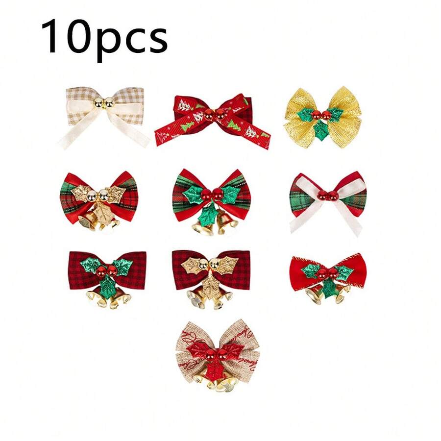 10入組,聖誕節弓形diy配件迷你麻結帶鈴鐺聖誕樹掛件禮品包裝盒裝飾