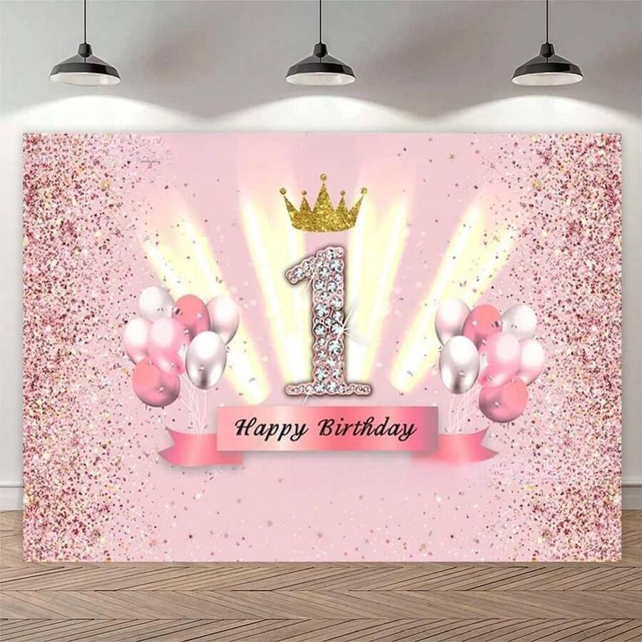1 岁生日派对背景装饰布粉色气球快乐派对装饰横幅生日背景布，产品尺寸 100 厘米 3.2 英尺 * 150 厘米 4.9 英尺照片摄影背景，圣诞节 - 粉色 - 查看 1