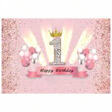 1 岁生日派对背景装饰布粉色气球快乐派对装饰横幅生日背景布，产品尺寸 100 厘米 3.2 英尺 * 150 厘米 4.9 英尺照片摄影背景，圣诞节 - 粉色 - 查看 2
