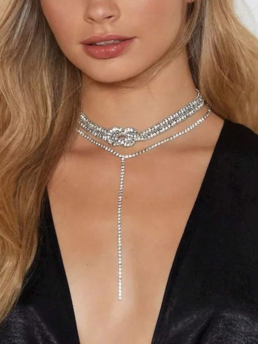 1pc Silver-tone Multi-layer Necklace With Rhinestone Decor, Simple And Fashionable Women's Accessory - Silver - View 1