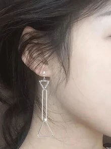1pair Punk Style Creative Women's Long Geometric Hollow Out Triangle & Square Dangle Earrings With Rhinestones For Girls - Silver - View 5