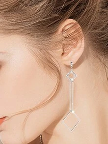 1pair Punk Style Creative Women's Long Geometric Hollow Out Triangle & Square Dangle Earrings With Rhinestones For Girls - Silver - View 4