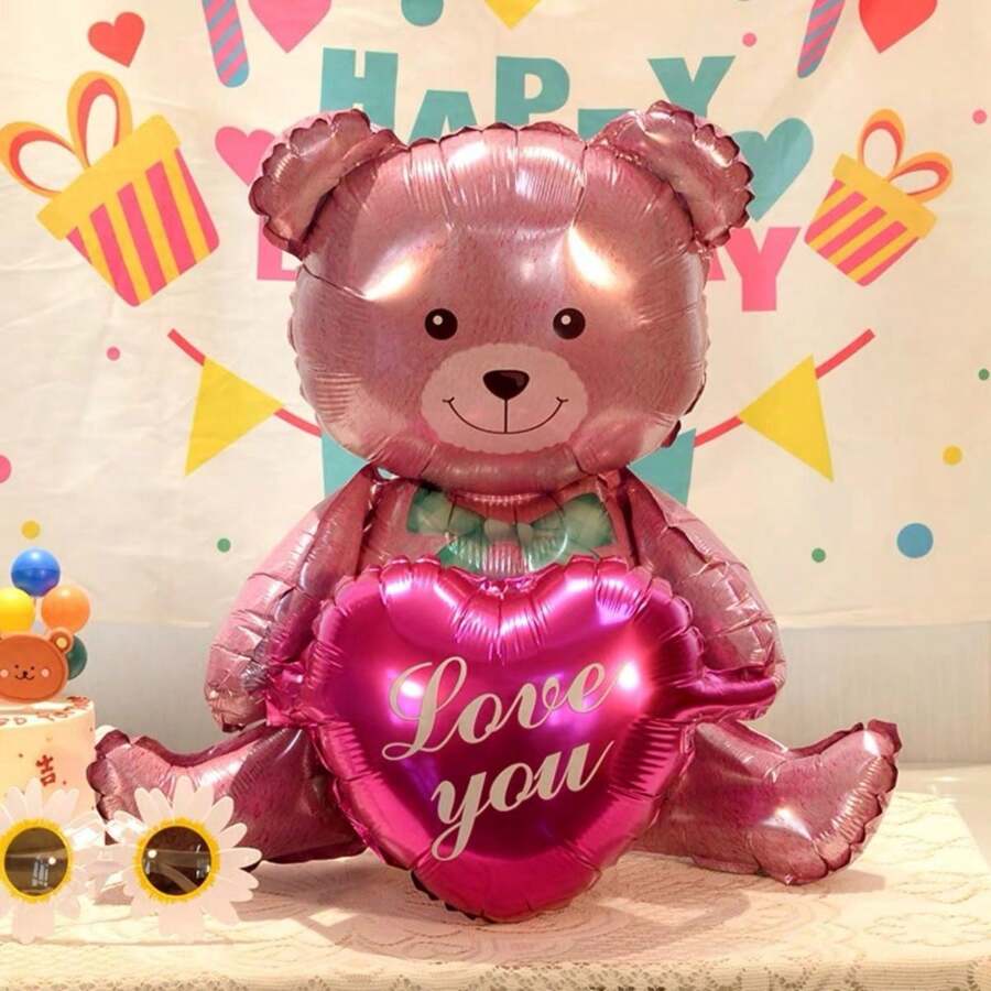 1 件 27 英寸粉色可爱泰迪熊手捧心形气球，非常适合情人节、婚礼和新娘送礼会装饰、返校情人节 - 粉色 - 查看 1