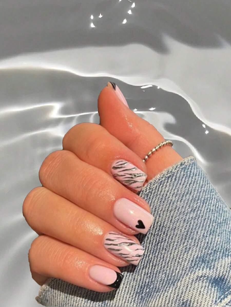 Upgrade Your Look With 24pcs Square Shape Simple Translucent French Mirror Manicure Fake Nails, With 1pc Nail Tape And 1pc Nail Buffer Included - Multicolor - View 1