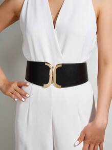 1pc Ladies' Elastic Waist Belt With Dragon Pattern Buckle Decor For Daily Wear Summer, School Fall, Autumn, Halloween - Black - View 1