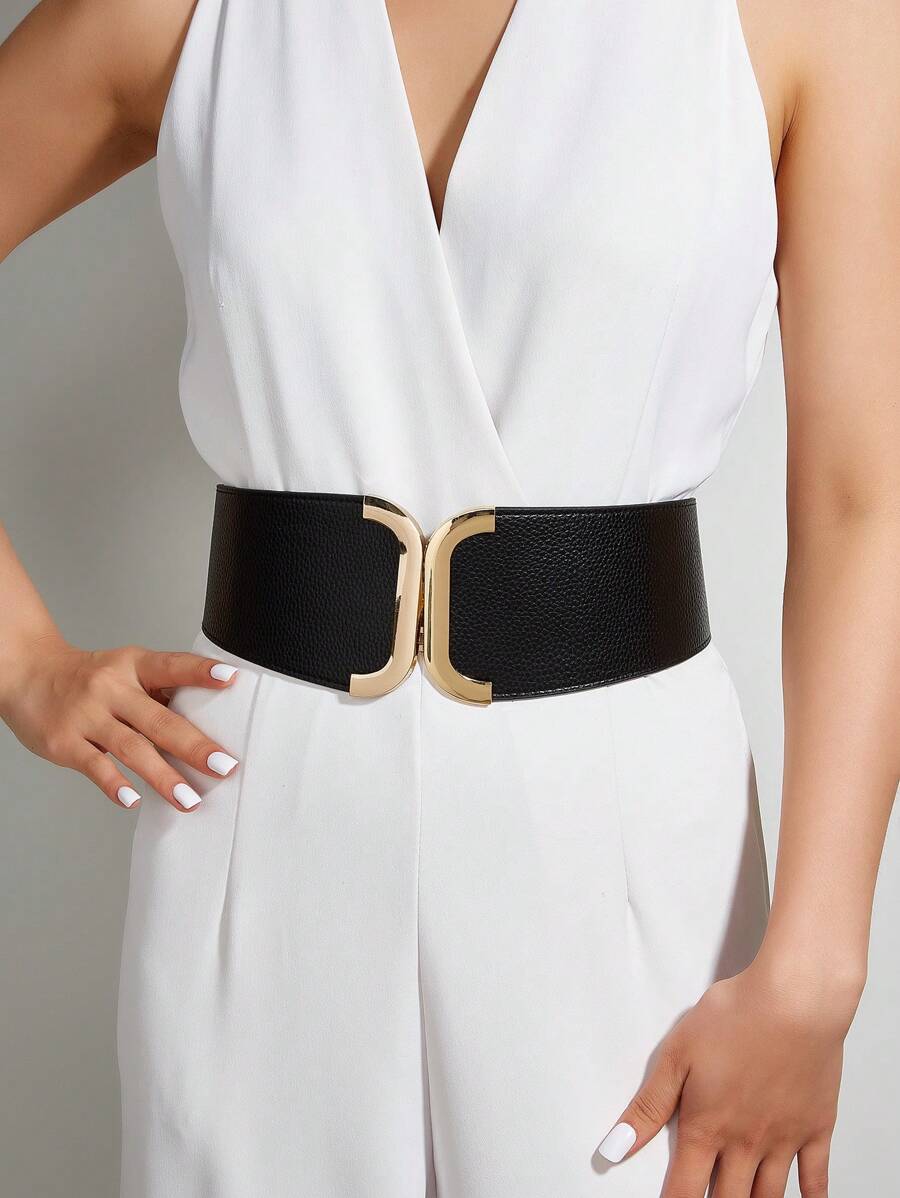 1pc Ladies' Elastic Waist Belt With Dragon Pattern Buckle Decor For Daily Wear Summer, School Fall, Autumn, Halloween - Black - View 1