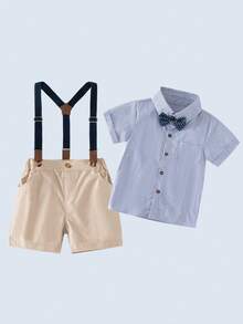 2 件套男婴套装：蓝色条纹短袖衬衫配领结和短裤，时尚适合生日派对、婚礼、周年纪念 - 彩色 - 查看 5