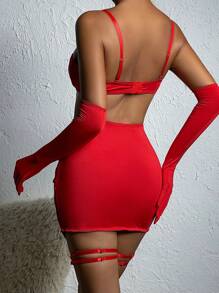 4入組女性性感蕾絲交叉背帶內衣 + 迷你裙 + G字褲 + 手套 + 膝圈