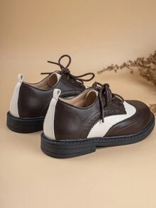 兒童英倫風撞色pu皮平底鞋 - 咖啡棕 - 查看 5