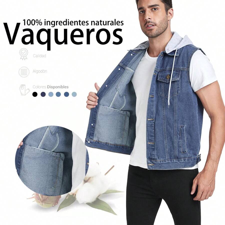 Chaleco Mezclilla Negro Hombre Capucha Algodón Desmontable - Azul - Ver 1