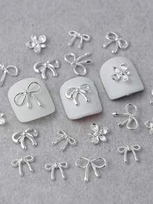 Bộ trang sức móng tay nơ kim loại 20 chiếc, trang trí móng tay bằng hợp kim phong cách đơn giản và sang trọng với màu vàng và bạc - Bạc - Xem 2