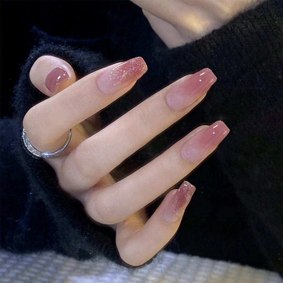 YADORNOS 24 件長棺材形法式漸層桃色假指甲套裝含 1 張果凍膠和 1 個指甲銼 - 彩色 - 查看 1