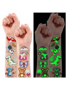 Finego 5 hojas de pegatinas de tatuajes temporales que brillan en la oscuridad, noche luminosa, luz verde fluorescente, arcoíris, cohete, alienígena, planeta, astronauta, Vía Láctea - Multicolor - Ver 2