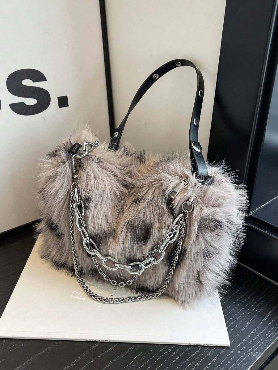 Gradient Color Plush Chain Shoulder Crossbody Bag Y2K Fashion Handbag