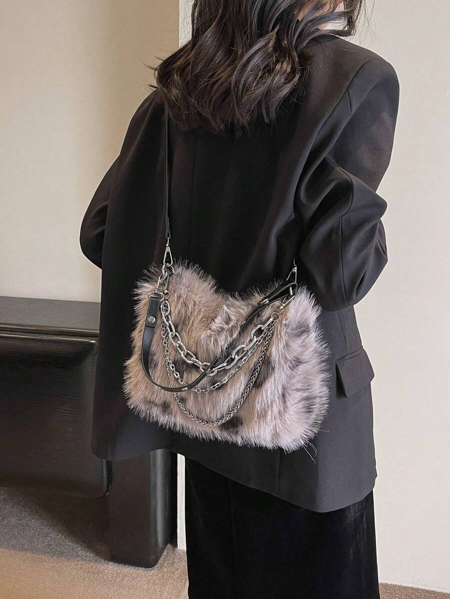 Gradient Color Plush Chain Shoulder Crossbody Bag Y2K Fashion Handbag