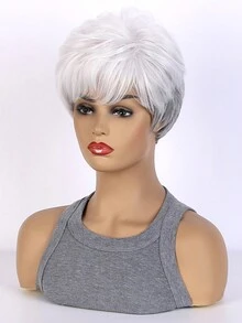 10英寸時尚女式短卷合成髮假髮，銀白色，自然蓬鬆感和側切瀏海，適用於日常穿著、婚禮、節慶及萬聖節服裝派對