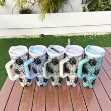 1入組太陽花水杯,水溫杯,真空杯,不鏽鋼水杯,帶吸管的大型水杯,創意便攜式旅行水瓶,適用於戶外野營,40oz/1200ml