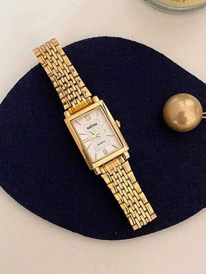 New Stylish Square Gold-Tone Watch For Women, Minimalist Design, Fashionable Casual Quartz Wristwatch With Stainless Steel Strap