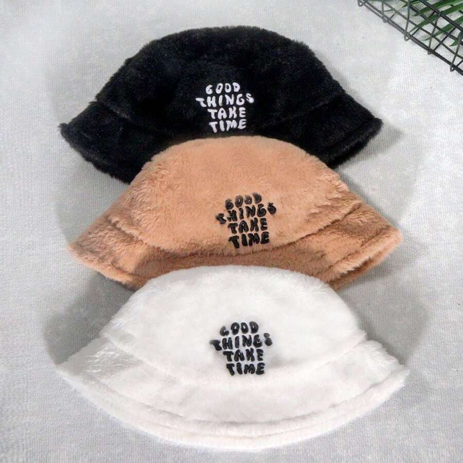 1入女式休閒毛絨捲邊帽，有良好字母刺繡，適用於日常穿著，男女皆適用