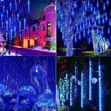 1 Piece Outdoor Meteor Shower Christmas Lights, 30cm 8 Tubes 192 LED Solar Powered Lights In The Shape Of Raindrops, Snow Rope Lights And Ice Stick, Suitable For Christmas Tree, Holiday And Terrace Decoration - Blue - View 2