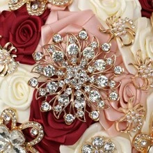 Delicate Rhinestone Wedding Bouquet With Gold Jewelry Decor, Satin Ribbon And Roses Hand Bouquet For Bride - Burgundy - View 7