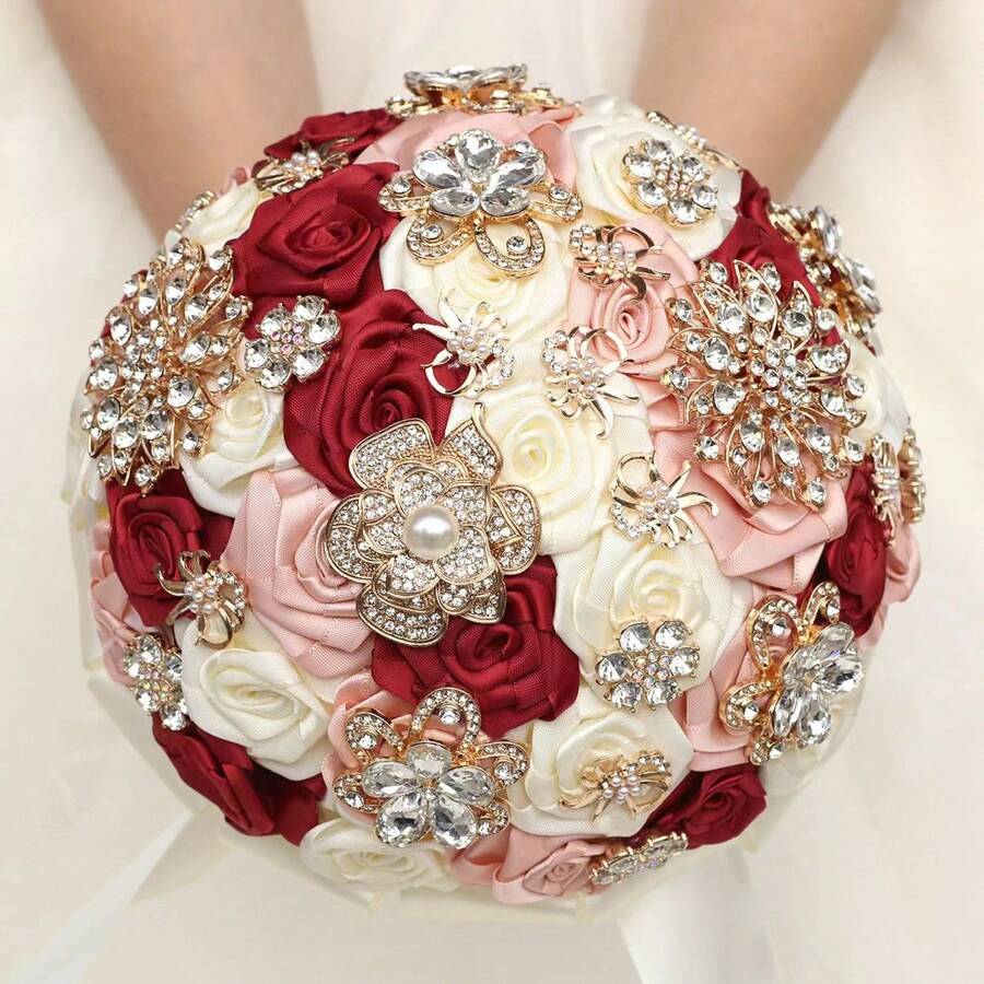 Delicate Rhinestone Wedding Bouquet With Gold Jewelry Decor, Satin Ribbon And Roses Hand Bouquet For Bride - Burgundy - View 1