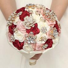 Delicate Rhinestone Wedding Bouquet With Gold Jewelry Decor, Satin Ribbon And Roses Hand Bouquet For Bride - Burgundy - View 2