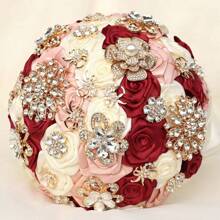 Delicate Rhinestone Wedding Bouquet With Gold Jewelry Decor, Satin Ribbon And Roses Hand Bouquet For Bride - Burgundy - View 6