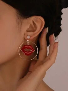1pair Exaggerated Red Lips & Pearl Pouring Drop Earrings For Women - Yellow Gold - View 2