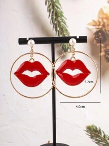 1pair Exaggerated Red Lips & Pearl Pouring Drop Earrings For Women - Yellow Gold - View 3