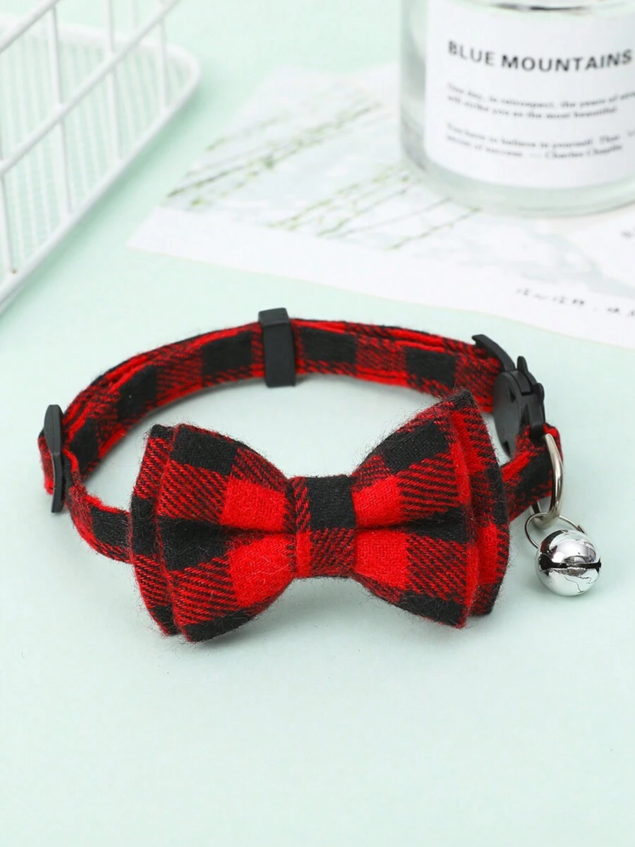 1pc British Plaid Bow Cat Collar With Bell Pet Accessory - Red - View 1