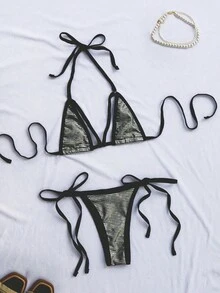 2pcs Backless Shiny Sequin Party Lingerie Set With Halterneck - Silver - View 5