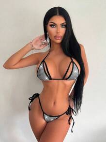 2pcs Backless Shiny Sequin Party Lingerie Set With Halterneck - Silver - View 1